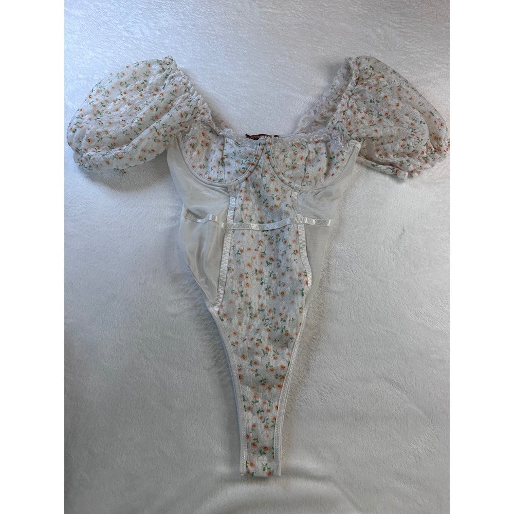 Copper Closet Floral Mesh Puff Sleeve Corset Bodysuit White Sweetheart Underwire
